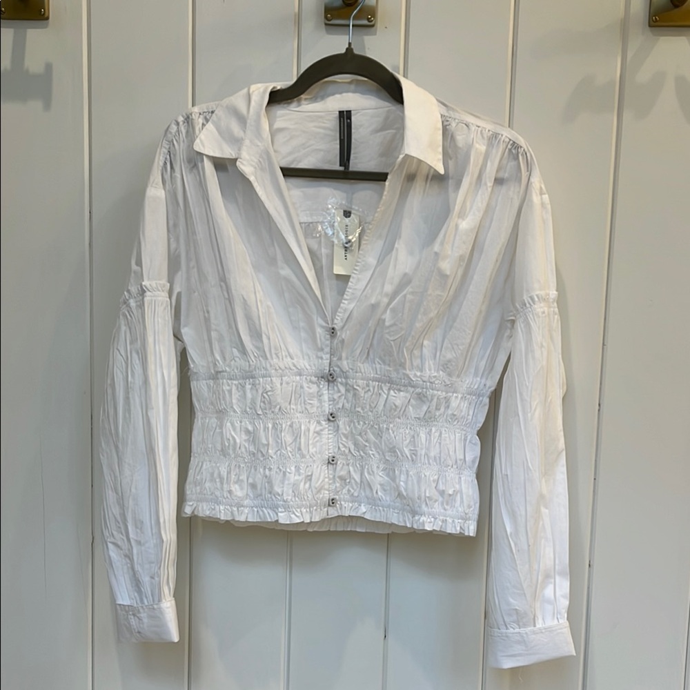 Anthropologie White Button-Front Smocked Waist Blouse